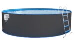 Steinbach Stahlwandpool New Splasher Secure – 011002 – Ø 350 x 90 m – Runder Pool in Weiß und blauer Innenfolie für bis zu 7.800 l Wasserinhalt – Mit Einhänge-Kartuschenfilteranlage und Leiter