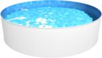 Steinbach Stahlwandpool New Splasher Secure – 011002 – Ø 350 x 90 m – Runder Pool in Weiß und blauer Innenfolie für bis zu 7.800 l Wasserinhalt – Mit Einhänge-Kartuschenfilteranlage und Leiter