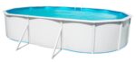 Steinbach Stahlwandpool New Splasher Secure – 011002 – Ø 350 x 90 m – Runder Pool in Weiß und blauer Innenfolie für bis zu 7.800 l Wasserinhalt – Mit Einhänge-Kartuschenfilteranlage und Leiter