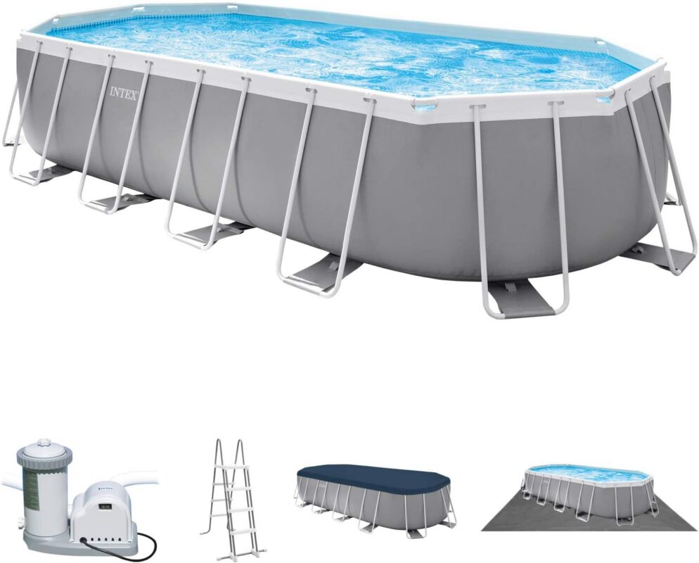 INTEX "Prism Frame" Pool oval Aufstellpool Komplettset (6,1 x 3,05 x 122cm) inkl. 12V Filterpumpe, Leiter, Abdeckplane & Bodenplane, Familienpool Swimmingpool Volumen ca 18.202 l, blau (26798GN)