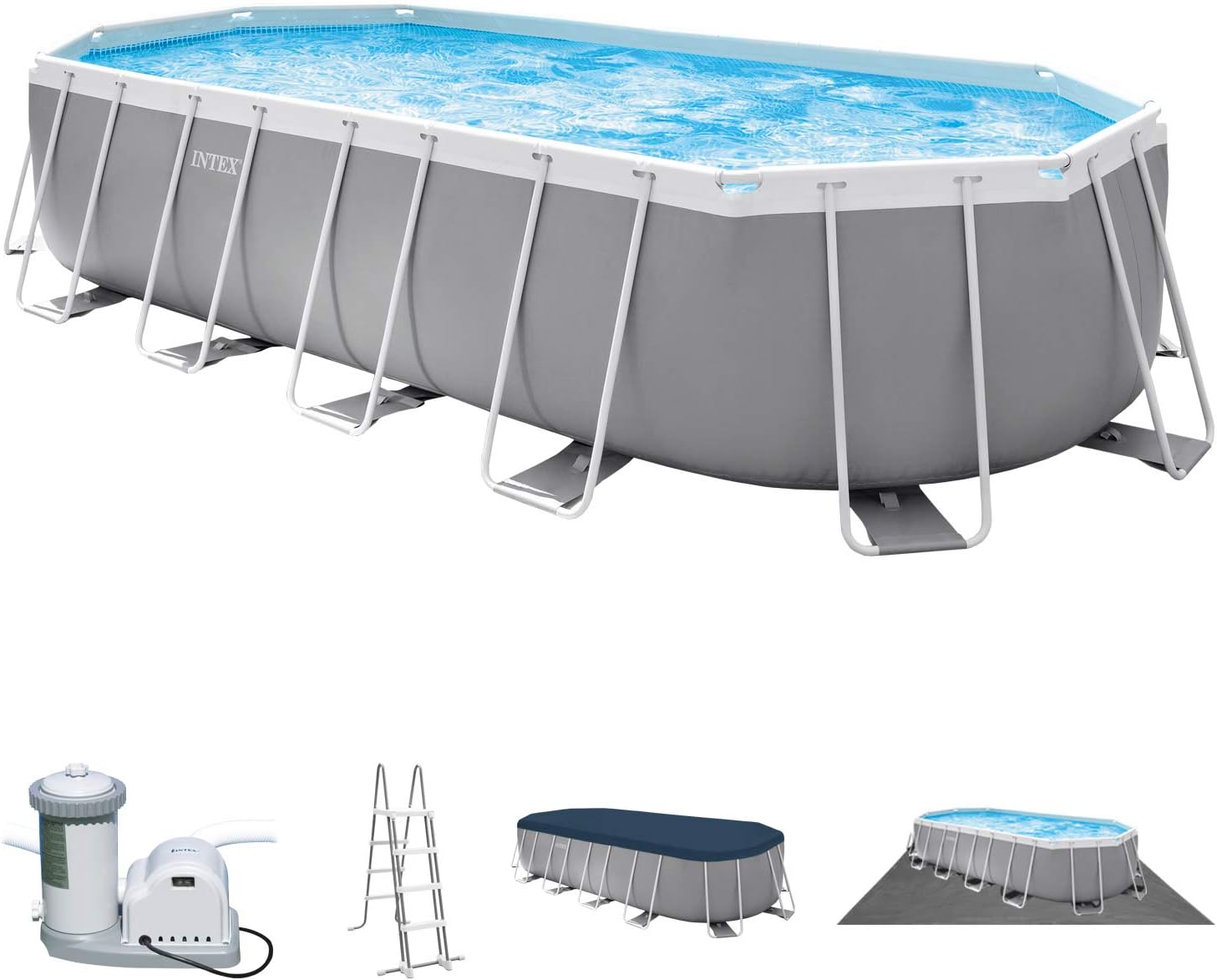 61MaEF6zzmL._AC_SL1500 INTEX "Prism Frame" Pool oval Aufstellpool Komplettset (6,1 x 3,05 x 122cm) inkl. 12V Filterpumpe, Leiter, Abdeckplane & Bodenplane, Familienpool Swimmingpool Volumen ca 18.202 l, blau (26798GN)