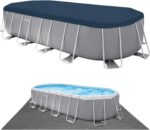 INTEX "Prism Frame" Pool oval Aufstellpool Komplettset (6,1 x 3,05 x 122cm) inkl. 12V Filterpumpe, Leiter, Abdeckplane & Bodenplane, Familienpool Swimmingpool Volumen ca 18.202 l, blau (26798GN)