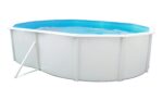 Steinbach Stahlwandpool New Splasher Secure – 011002 – Ø 350 x 90 m – Runder Pool in Weiß und blauer Innenfolie für bis zu 7.800 l Wasserinhalt – Mit Einhänge-Kartuschenfilteranlage und Leiter