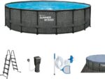 Summer Waves Frame Pool Komplettset | Rund 488x122 cm Rattanoptik Grau | Aufstellpool Set | Gartenpool & Schwimmbecken inkl. Filterpumpe, Einstiegsleiter, Abdeckplane, Bodenvlies & Reinigungsset