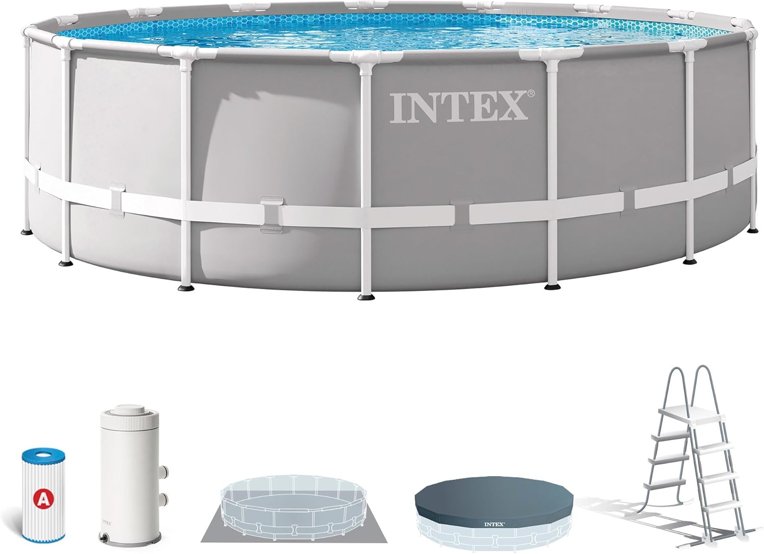 711JsDvyzaL._AC_SL1500 Intex 26726NP – Aufstellpool Prism Frame Rund, Filterpumpe 3785 L/h, Leiter, Bodenplane und Abdeckplane, 16805 L, Stahl und PVC, Grau, 457x122 cm