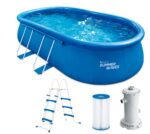 Summer Waves Frame Pool Komplettset | Rund 488x122 cm Rattanoptik Grau | Aufstellpool Set | Gartenpool & Schwimmbecken inkl. Filterpumpe, Einstiegsleiter, Abdeckplane, Bodenvlies & Reinigungsset