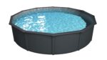 Steinbach Stahlwandpool New Splasher Secure – 011002 – Ø 350 x 90 m – Runder Pool in Weiß und blauer Innenfolie für bis zu 7.800 l Wasserinhalt – Mit Einhänge-Kartuschenfilteranlage und Leiter