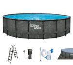 Summer Waves Frame Pool Komplettset | Rund 488x122 cm Rattanoptik Grau | Aufstellpool Set | Gartenpool & Schwimmbecken inkl. Filterpumpe, Einstiegsleiter, Abdeckplane, Bodenvlies & Reinigungsset
