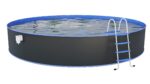 Steinbach Stahlwandpool New Splasher Secure – 011002 – Ø 350 x 90 m – Runder Pool in Weiß und blauer Innenfolie für bis zu 7.800 l Wasserinhalt – Mit Einhänge-Kartuschenfilteranlage und Leiter