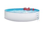 Steinbach Stahlwandpool New Splasher Secure – 011002 – Ø 350 x 90 m – Runder Pool in Weiß und blauer Innenfolie für bis zu 7.800 l Wasserinhalt – Mit Einhänge-Kartuschenfilteranlage und Leiter
