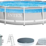 Intex 26722NP – Aufstellpool Prism Frame Clearview Rund, Filterpumpe 3785 L/h, Leiter, Bodenplane und Abdeckplane, 12706 L, Stahl und PVC, Grau, 427x107 cm