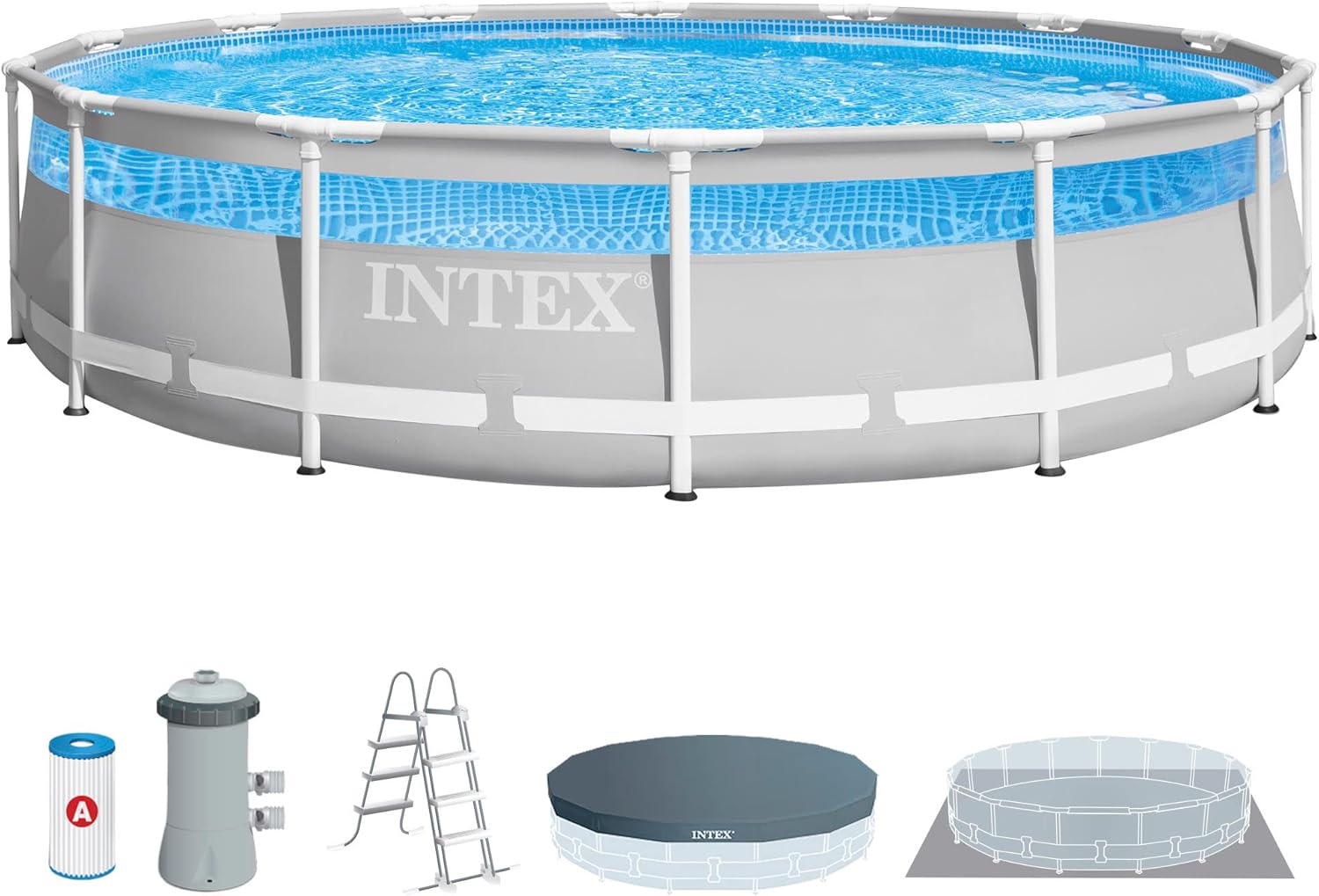 71uAbR7070L._AC_SL1500 Intex 26722NP – Aufstellpool Prism Frame Clearview Rund, Filterpumpe 3785 L/h, Leiter, Bodenplane und Abdeckplane, 12706 L, Stahl und PVC, Grau, 427x107 cm