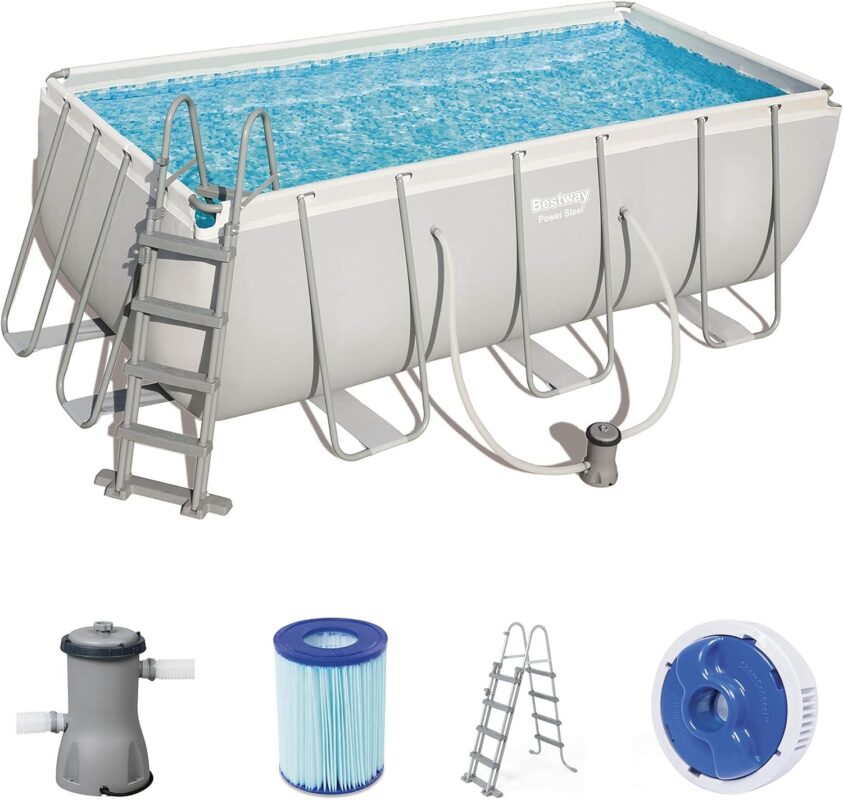 BESTWAY Power Steel Rectangular Pool Set 412x201x122 cm, Stahlrahmenpool-Set mit Filterpumpe und Zubehör