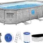 Bestway Power Steel Swim Vista Series Frame Pool Komplett-Set mit Filterpumpe 427 x 250 x 100 cm, Steinwand-Optik (Cremegrau), oval