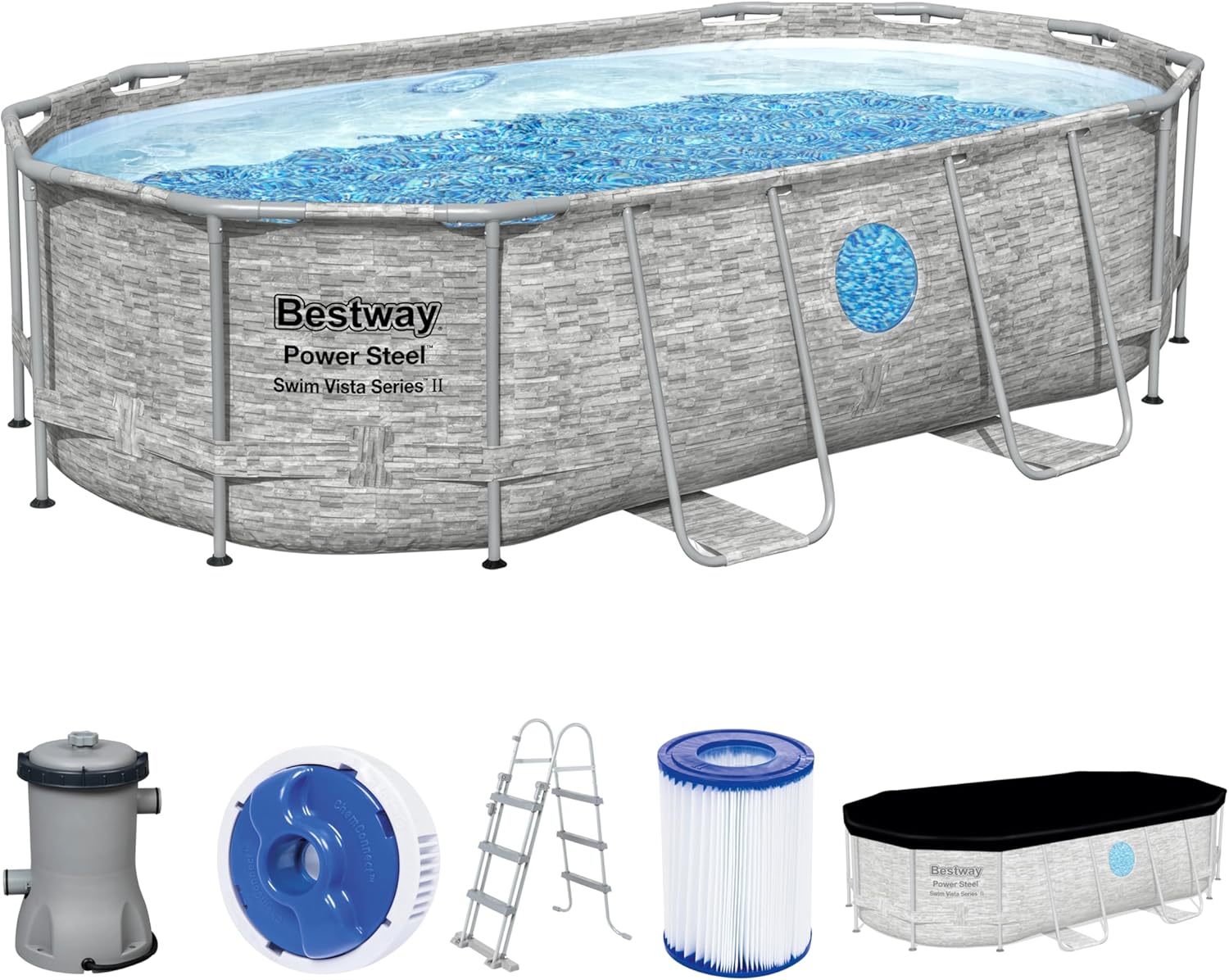 81qUfZ6SkOL._AC_SL1500 Bestway Power Steel Swim Vista Series Frame Pool Komplett-Set mit Filterpumpe 427 x 250 x 100 cm, Steinwand-Optik (Cremegrau), oval