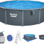 Bestway Hydrium Stahlwandpool Komplett-Set rund 488 x 132 cm Holz-Optik Grau Gartenpool Aufstellpool Sandfilter