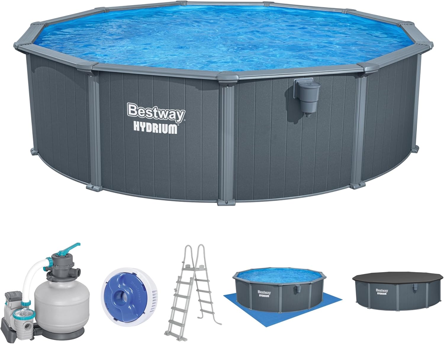 81uTR78eqaL._AC_SL1500 Bestway Hydrium Stahlwandpool Komplett-Set rund 488 x 132 cm Holz-Optik Grau Gartenpool Aufstellpool Sandfilter