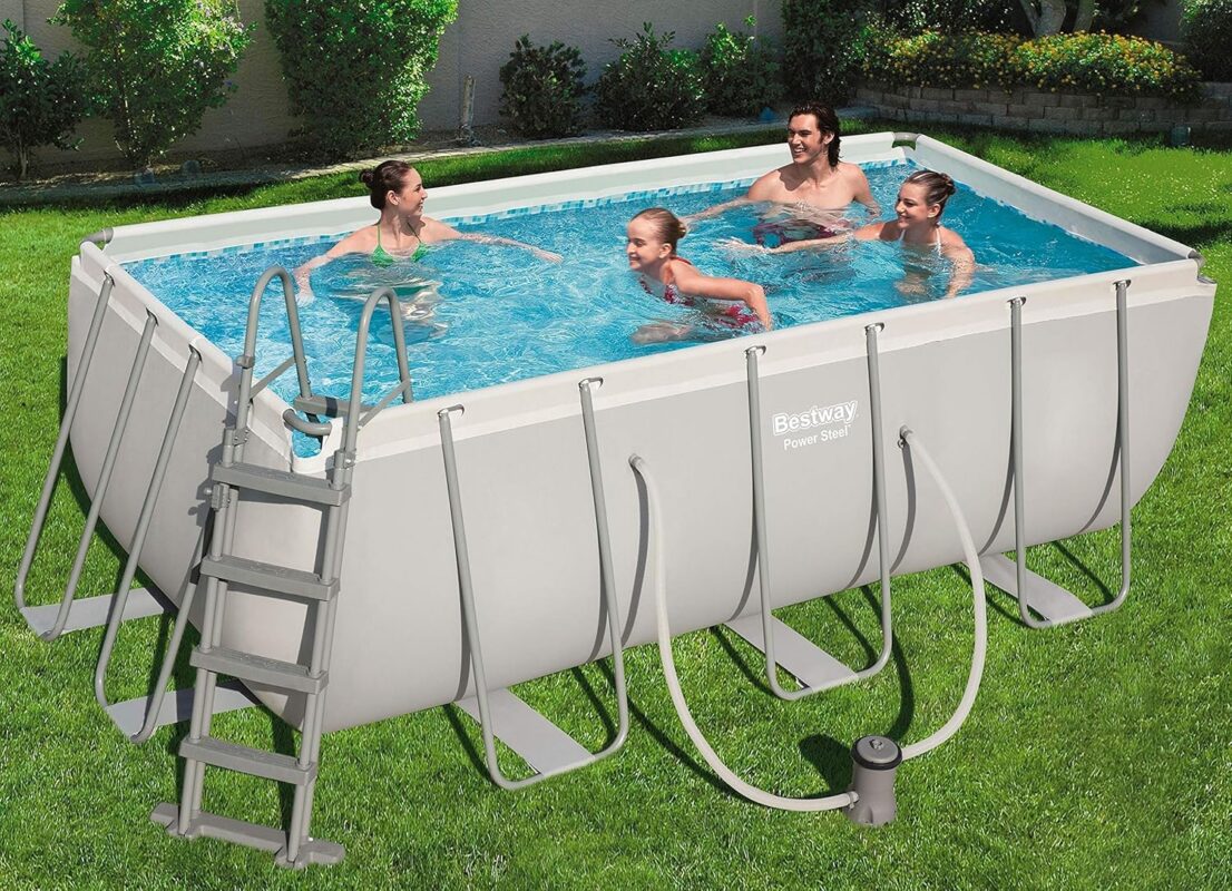 BESTWAY Power Steel Rectangular Pool Set 412x201x122 cm, Stahlrahmenpool-Set mit Filterpumpe und Zubehör