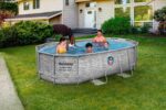 Bestway Power Steel Swim Vista Series Frame Pool Komplett-Set mit Filterpumpe 427 x 250 x 100 cm, Steinwand-Optik (Cremegrau), oval