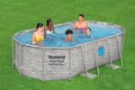 Bestway Power Steel Swim Vista Series Frame Pool Komplett-Set mit Filterpumpe 427 x 250 x 100 cm, Steinwand-Optik (Cremegrau), oval